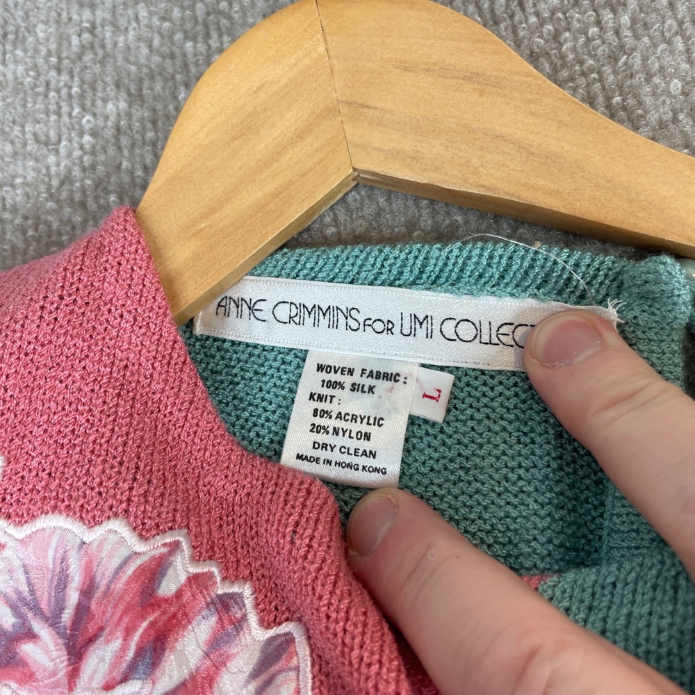 Anne Crimmins Umi Collections Sweater Floral Puff‎ Sleeve Knit Aqua Pink Sz L - Picture 3 of 15